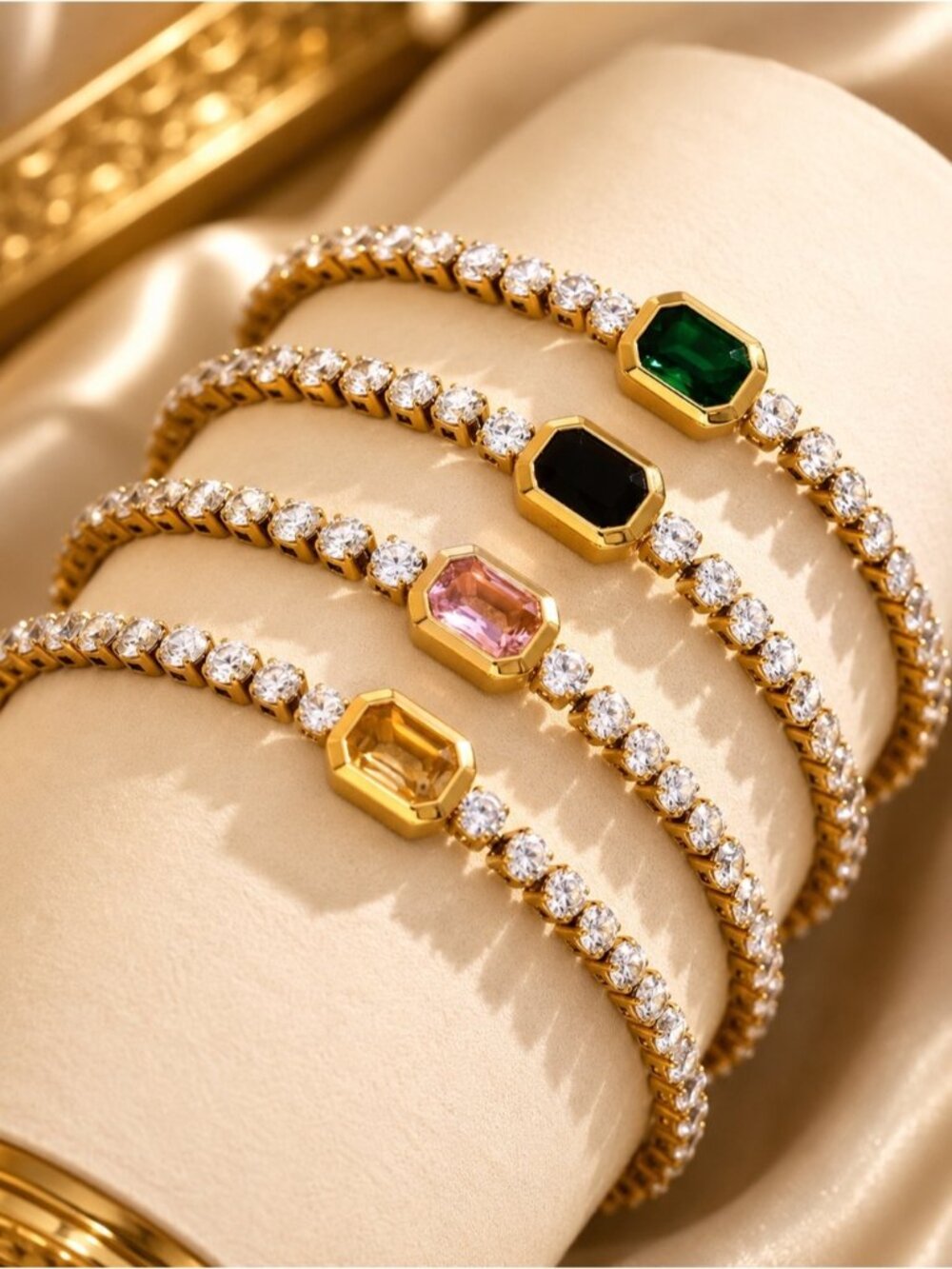Gold tone Tennis Bracelet with Emerald Green Stone